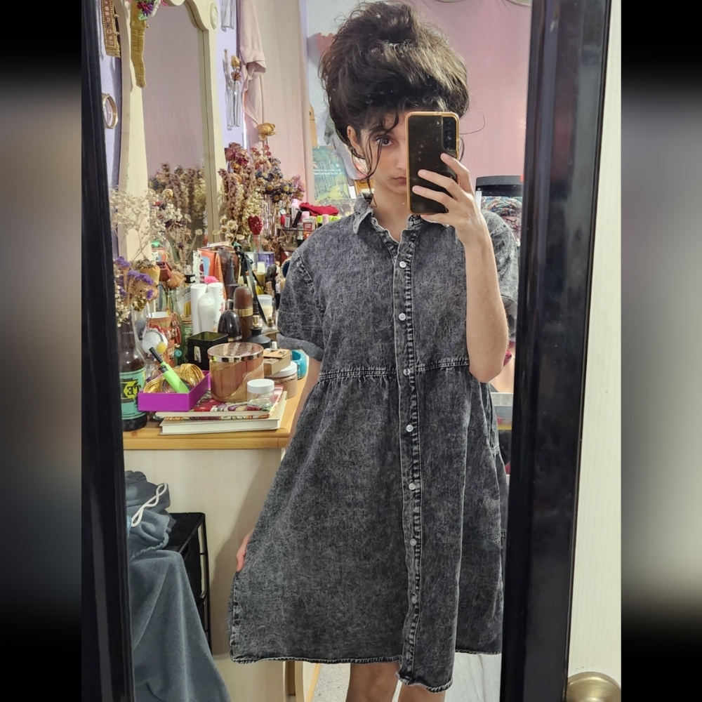 Vintage Acid Wash Black Gray Denim Button Down Collared Babydoll Mini Dress - Picture 6 of 14